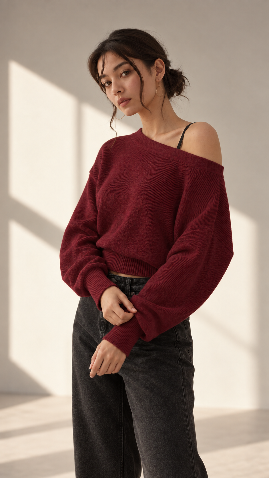 Burgundy Off-Shoulder Knit Sweater