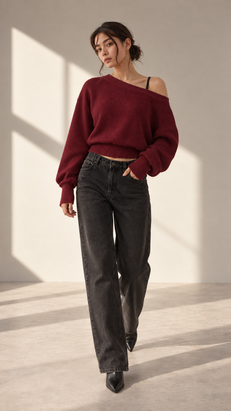 Burgundy Off-Shoulder Knit Sweater