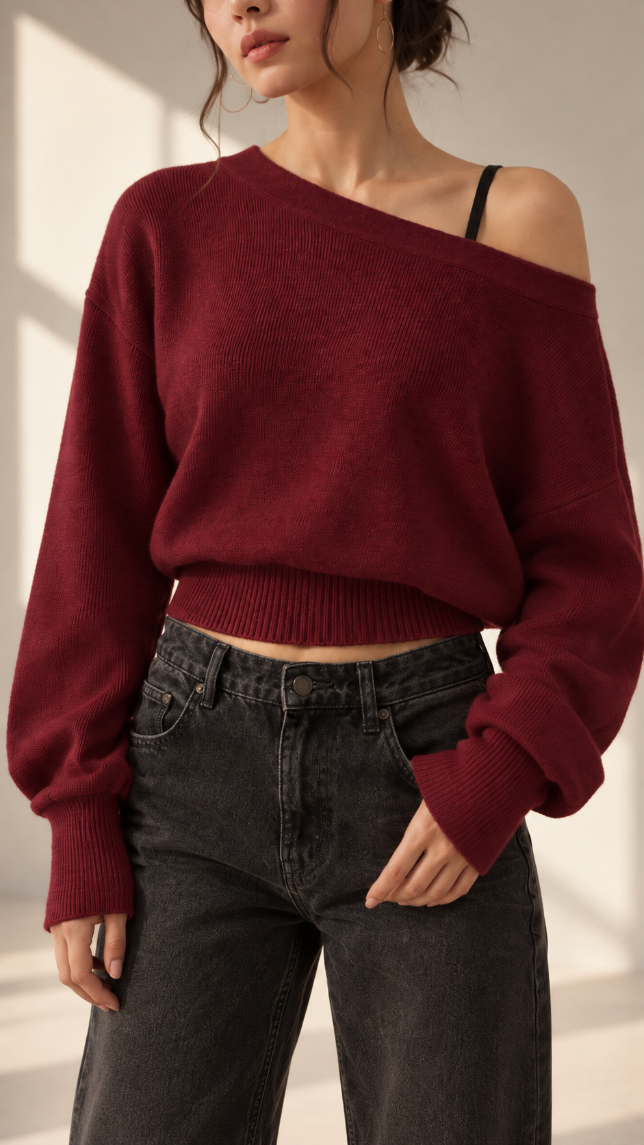 Burgundy Off-Shoulder Knit Sweater