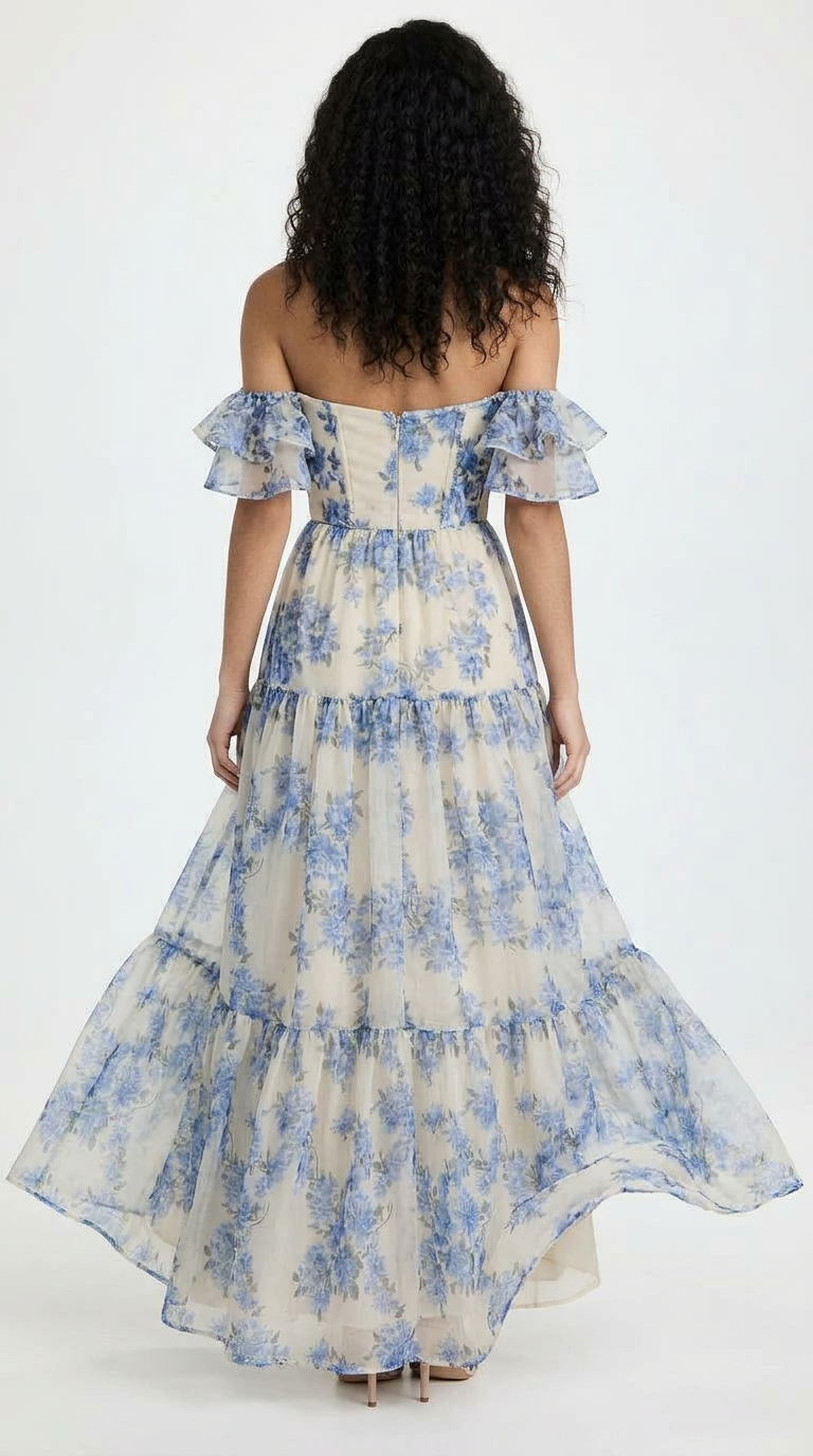 Blue Garden Off-Shoulder Floral Maxi Gown