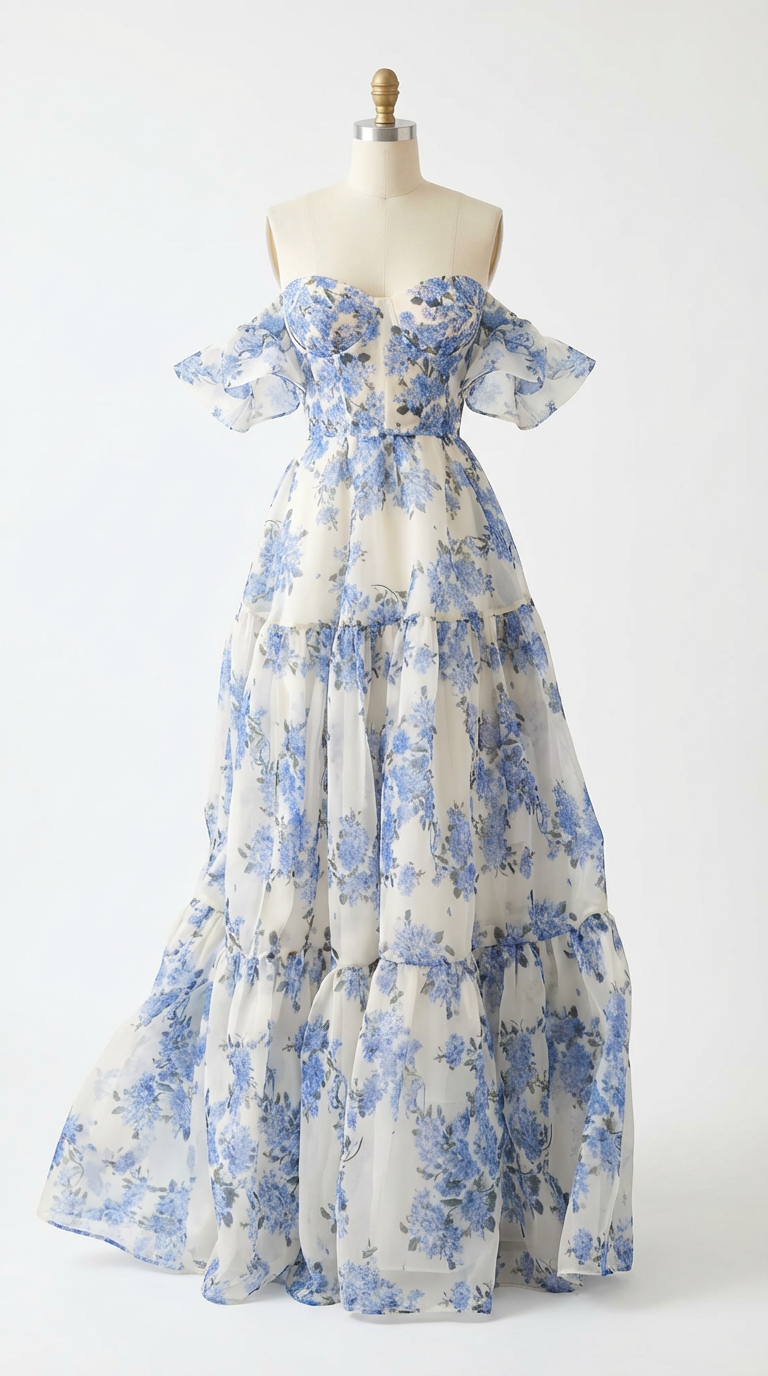 Blue Garden Off-Shoulder Floral Maxi Gown