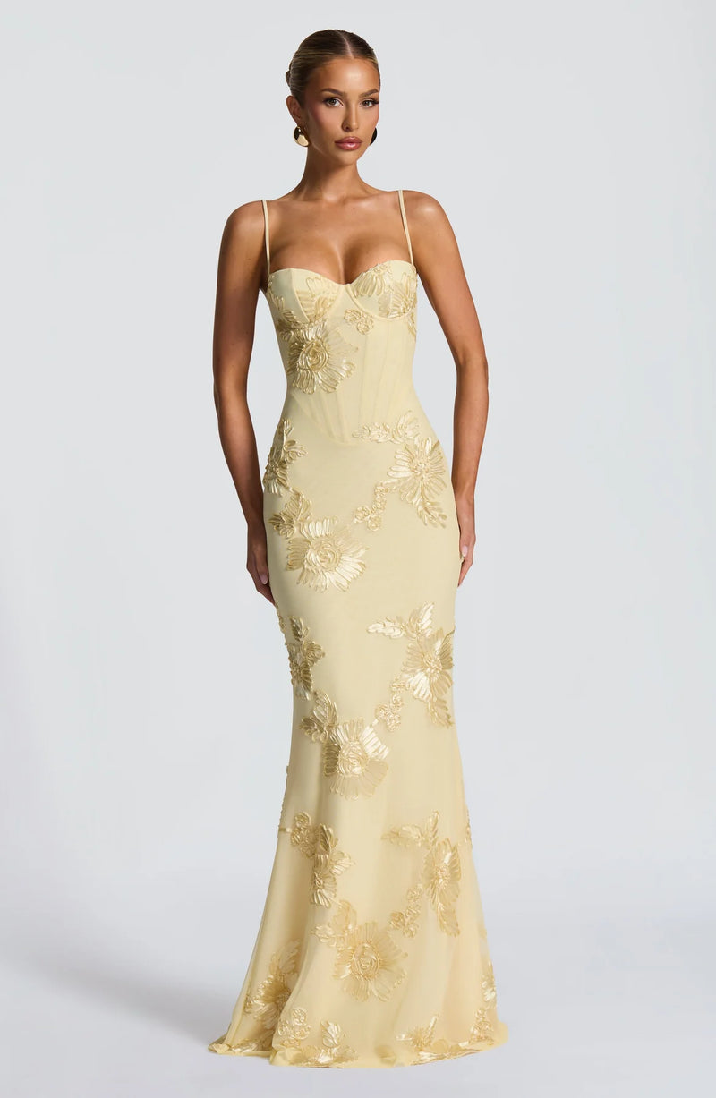 Golden Bloom Corset Mermaid Maxi Dress