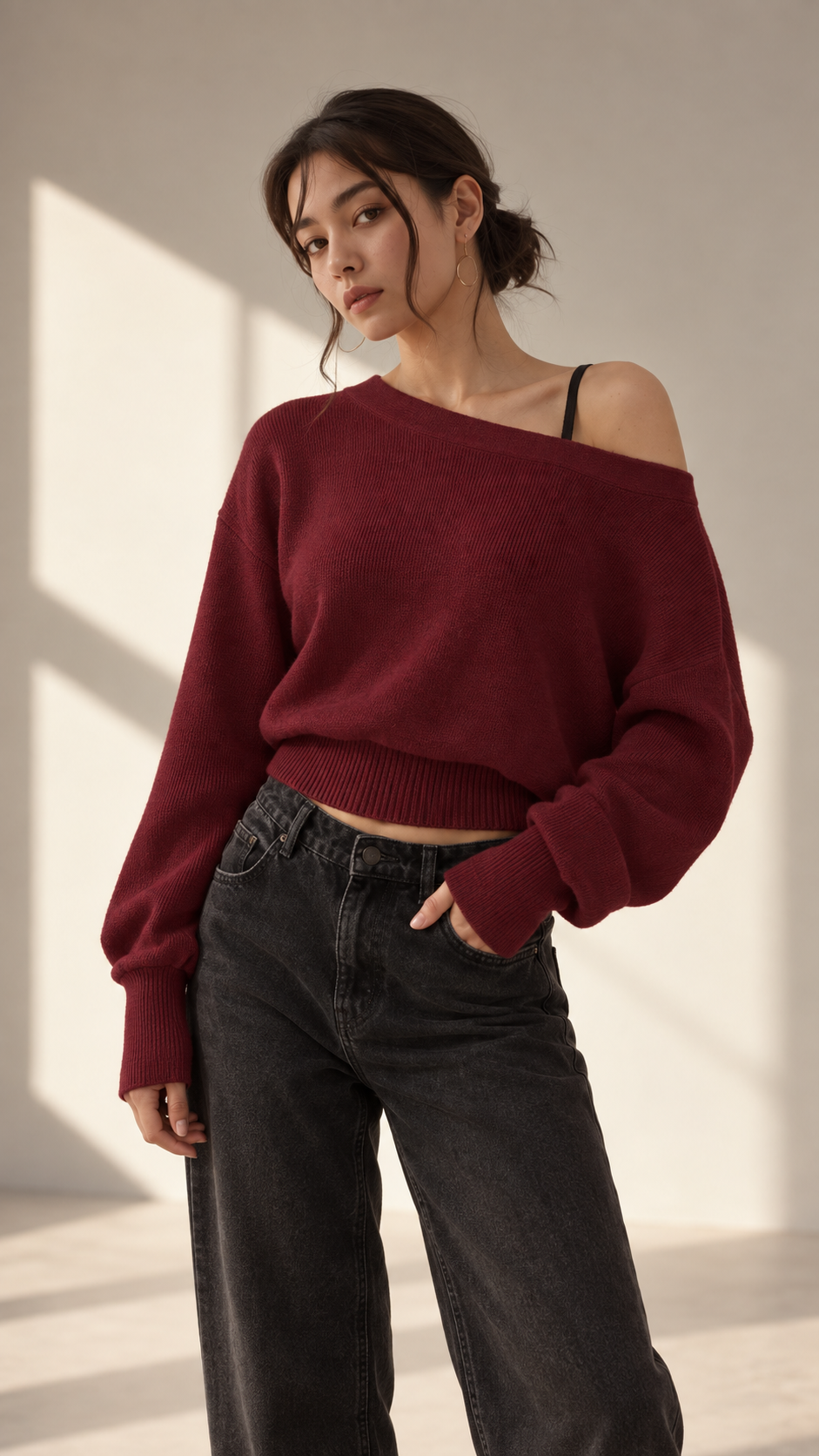 Burgundy Off-Shoulder Knit Sweater