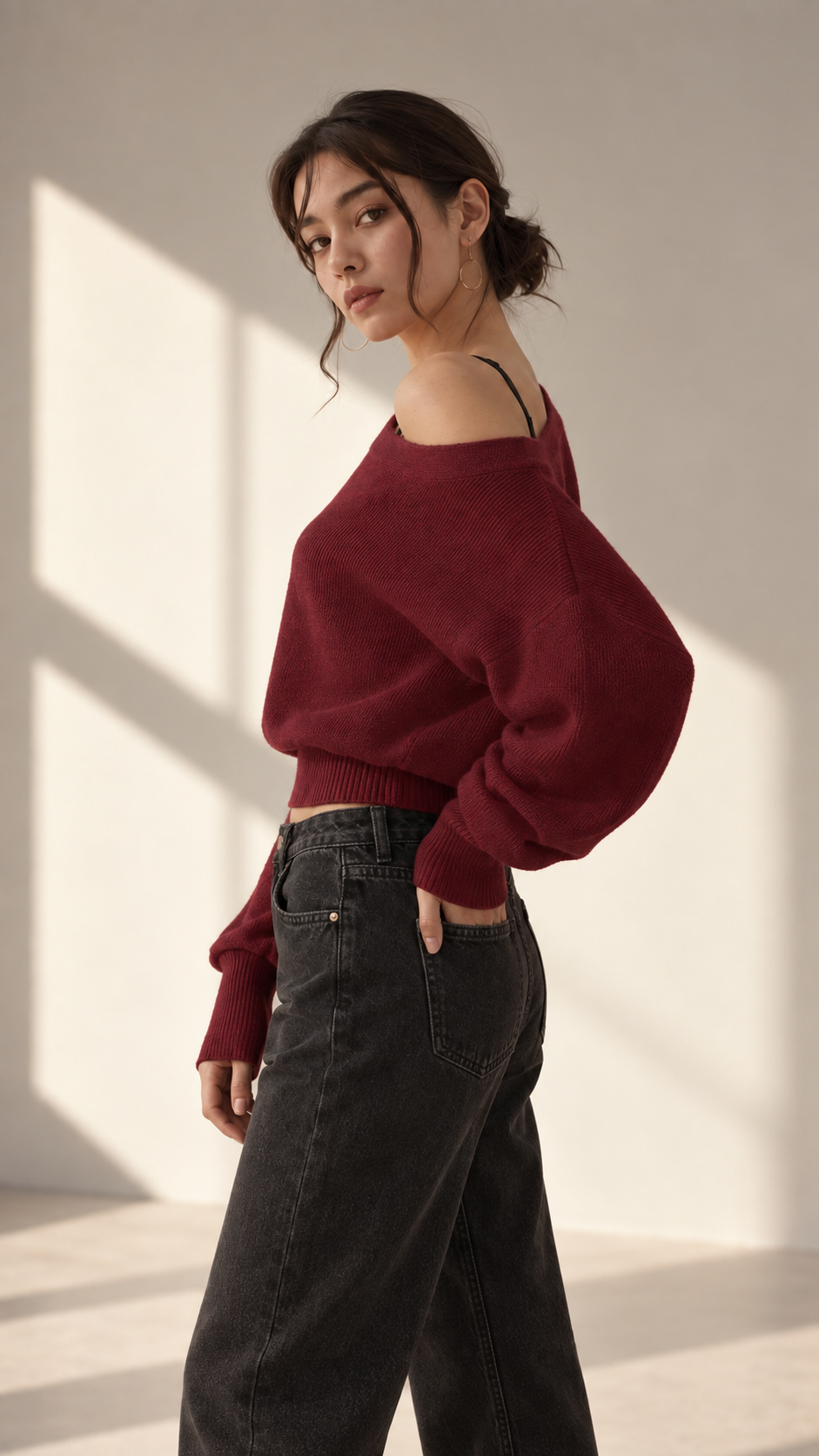 Burgundy Off-Shoulder Knit Sweater