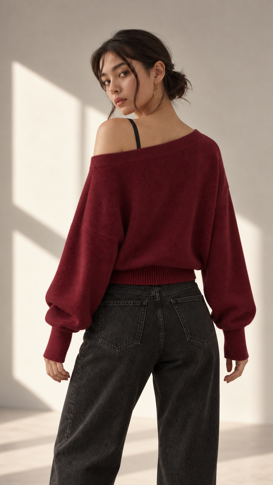 Burgundy Off-Shoulder Knit Sweater