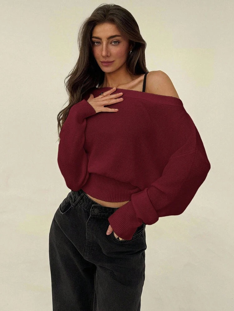 Burgundy Off-Shoulder Knit Sweater
