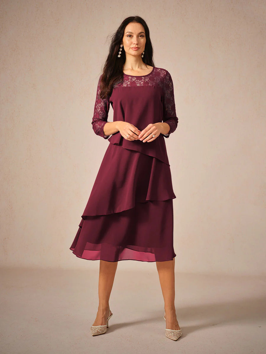 Lace Tiered Chiffon 3/4 Length Sleeve Dress