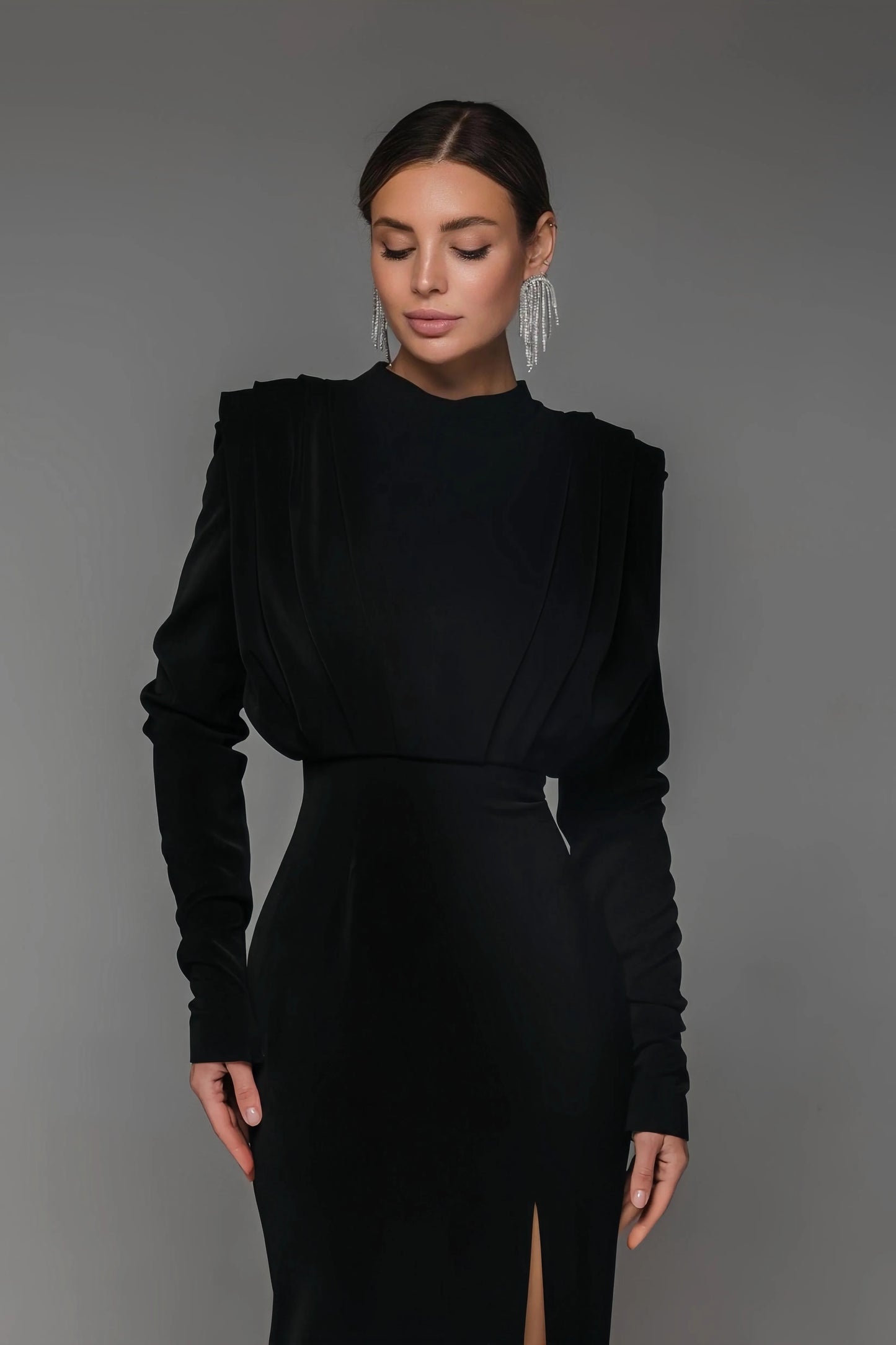 Irene High Neck Slit Maxi Dress-Black