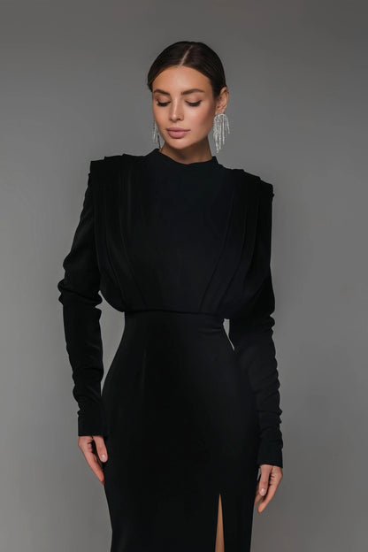 Irene High Neck Slit Maxi Dress-Black