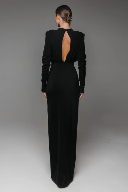 Irene High Neck Slit Maxi Dress-Black