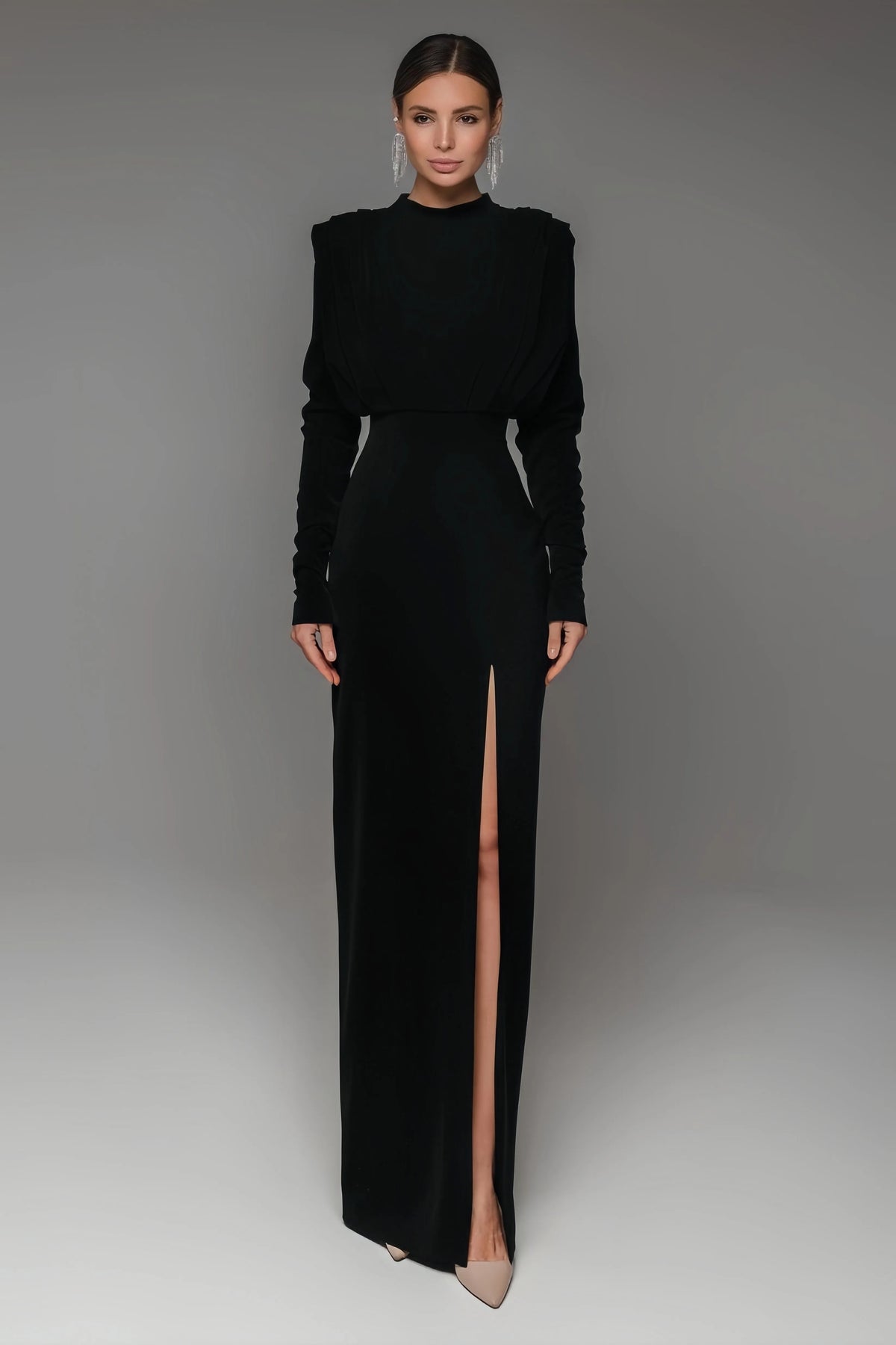 Irene High Neck Slit Maxi Dress-Black