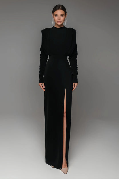 Irene High Neck Slit Maxi Dress-Black
