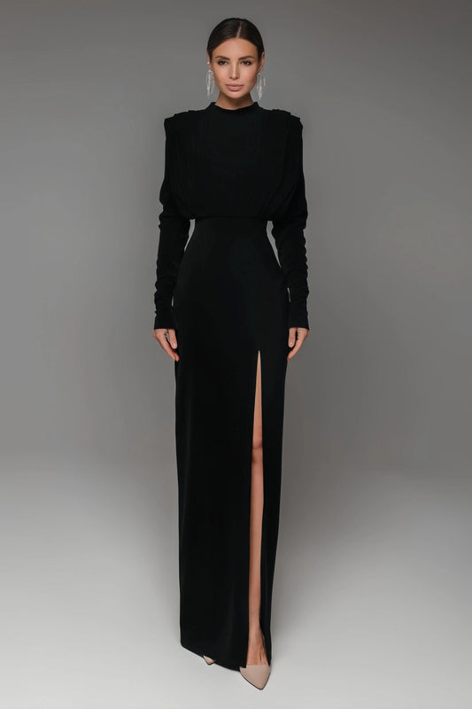 Irene High Neck Slit Maxi Dress-Black