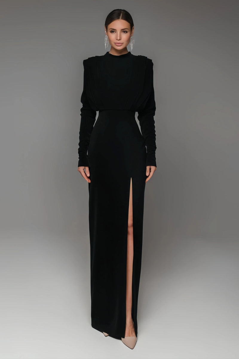 Irene High Neck Slit Maxi Dress-Black