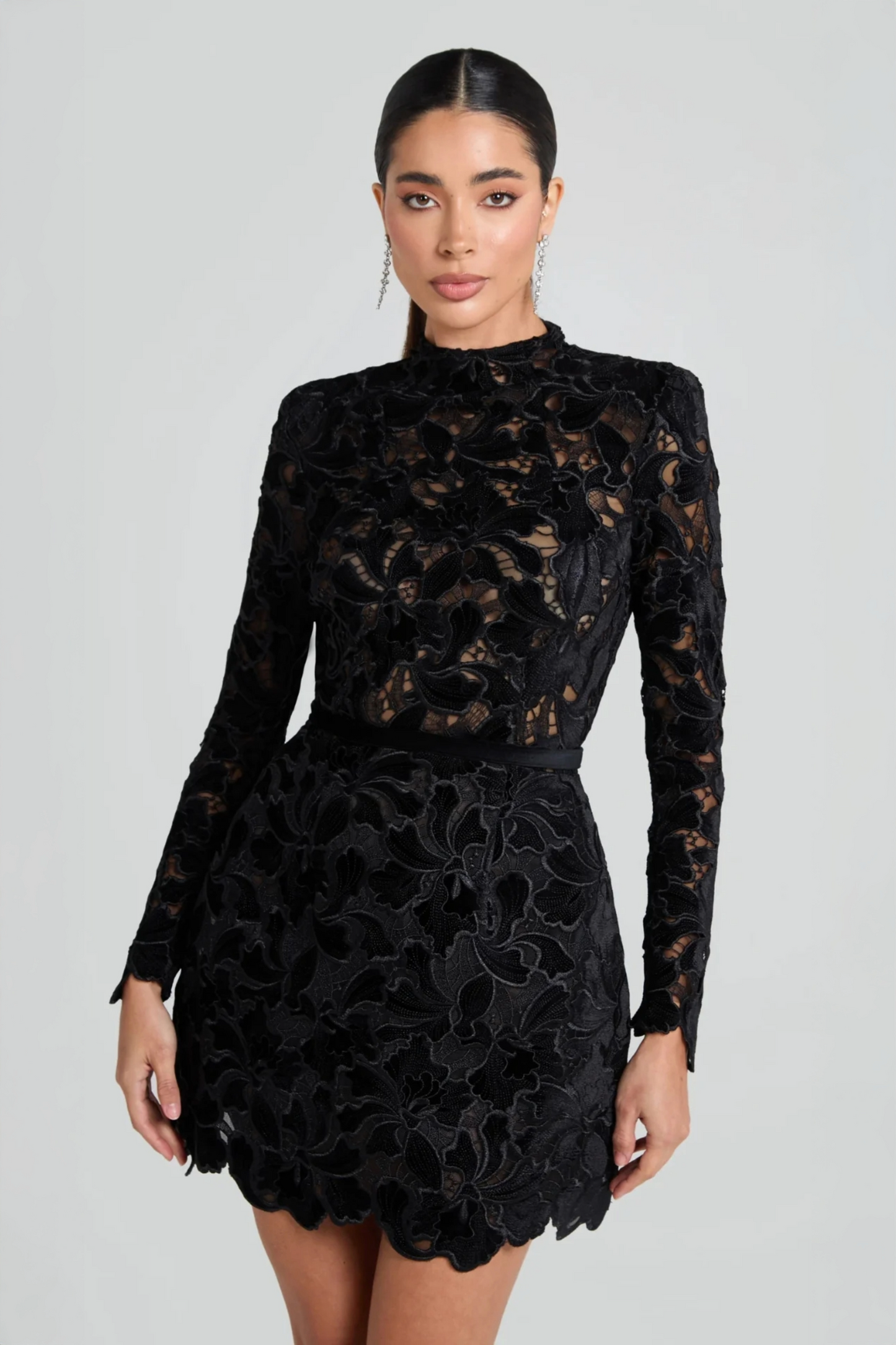 Vali Long Sleeve Lace Mini Dress-Black