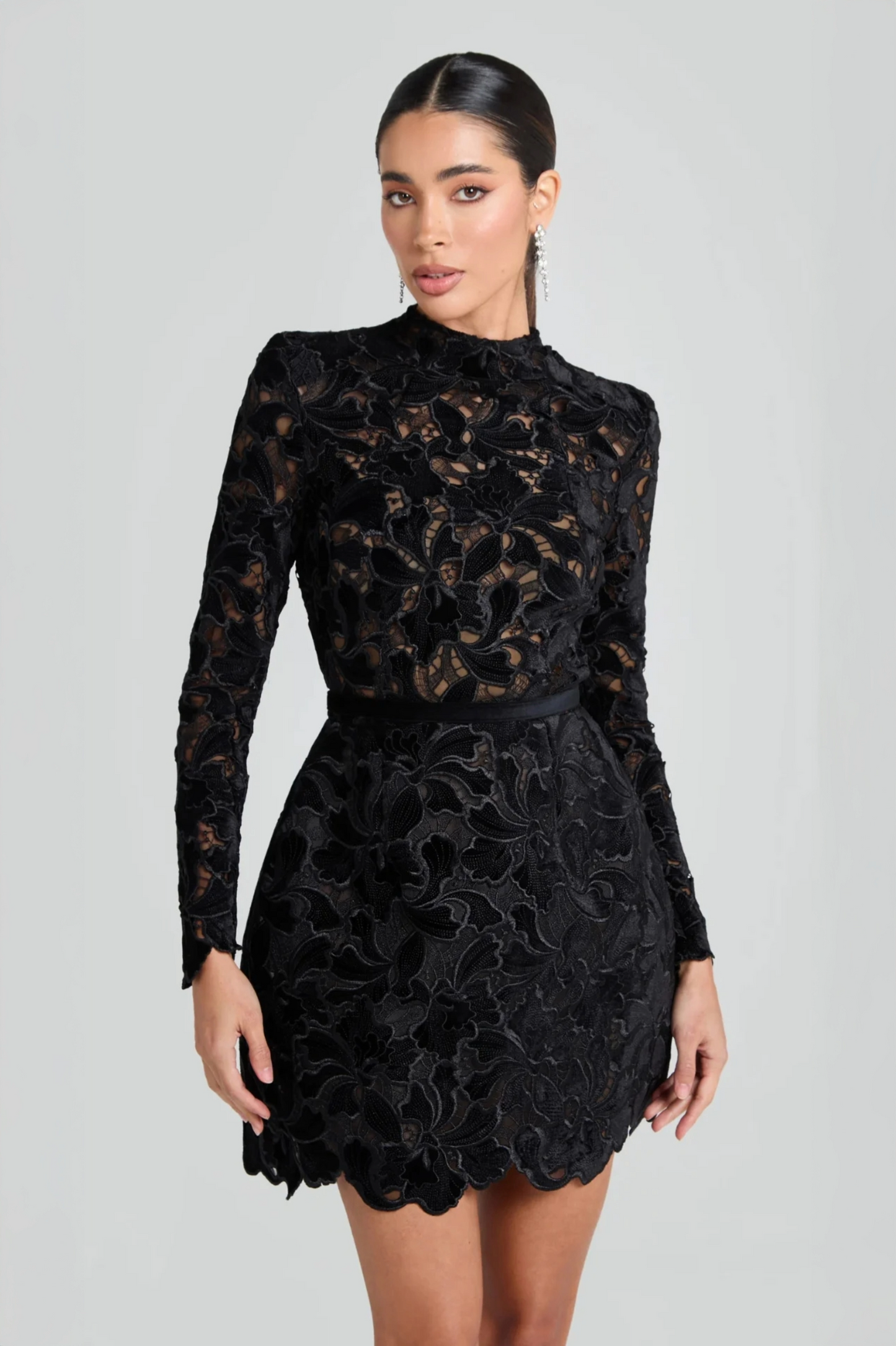 Vali Long Sleeve Lace Mini Dress-Black