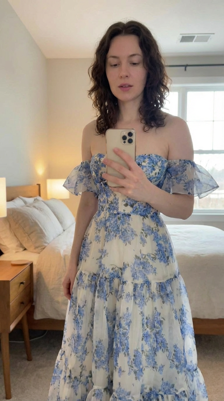Blue Garden Off-Shoulder Floral Maxi Gown