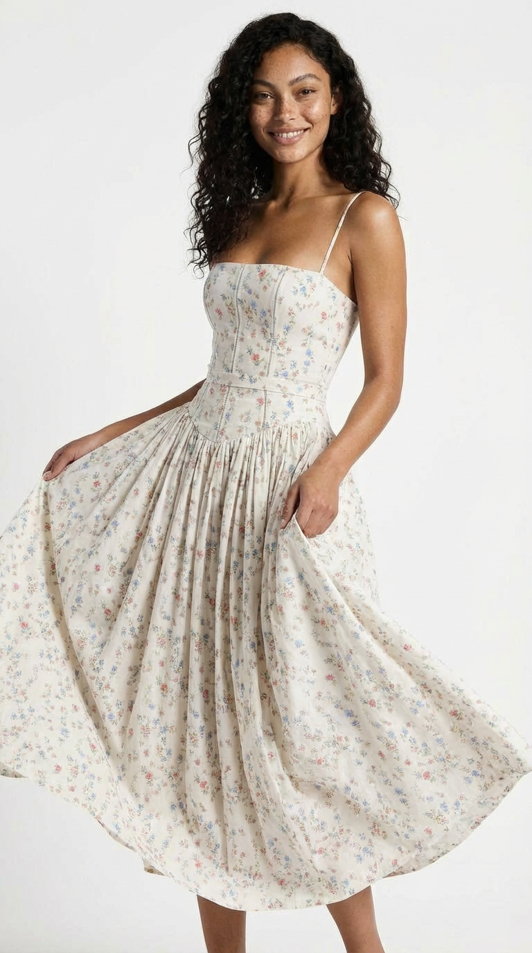 Ivory Ditsy Floral Corset Midi Dress