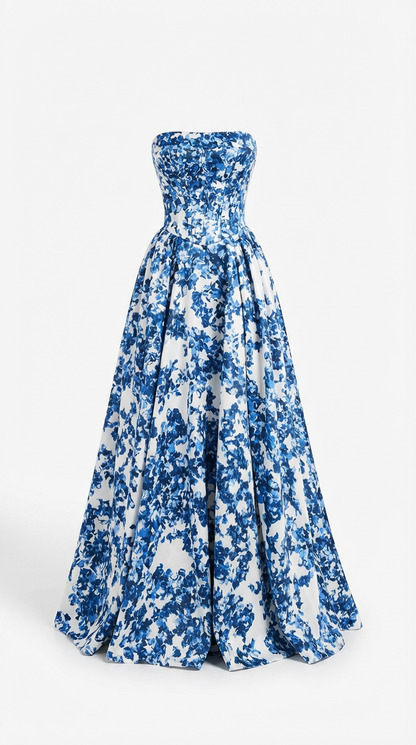 Azure Bloom Strapless Ball Gown