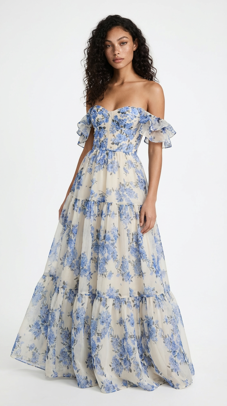 Blue Garden Off-Shoulder Floral Maxi Gown
