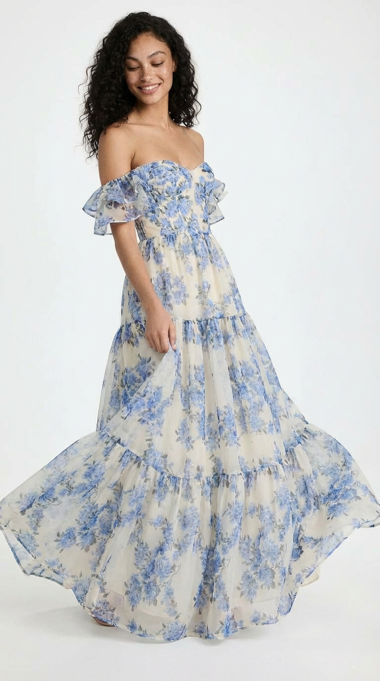 Blue Garden Off-Shoulder Floral Maxi Gown