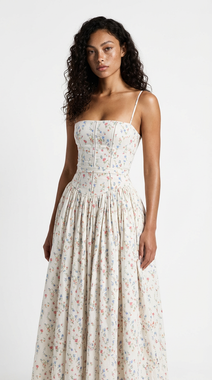 Ivory Ditsy Floral Corset Midi Dress
