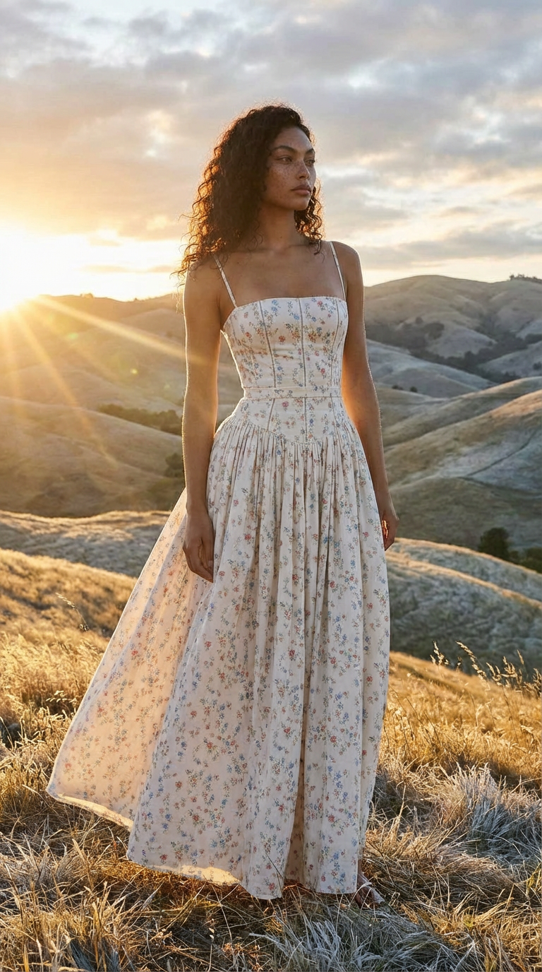 Ivory Ditsy Floral Corset Midi Dress