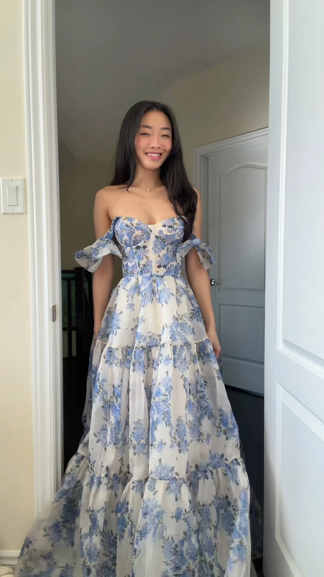 Blue Garden Off-Shoulder Floral Maxi Gown