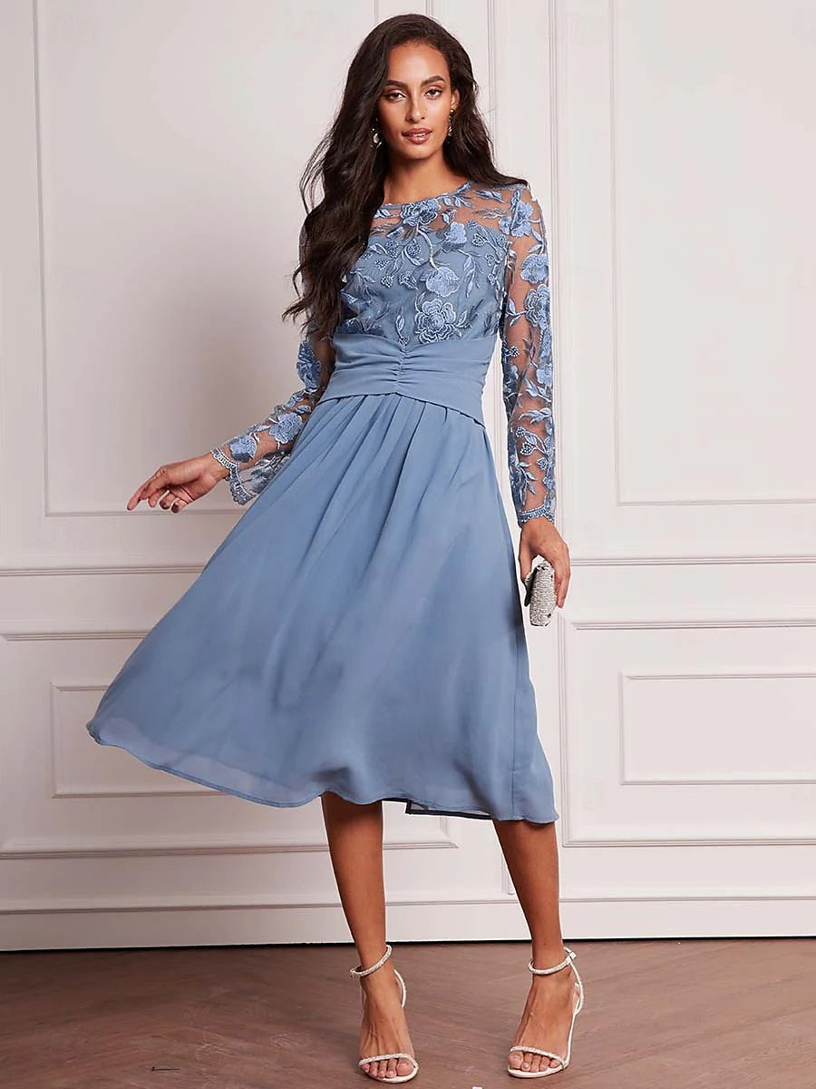 Blue Floral Lace Chiffon Dress