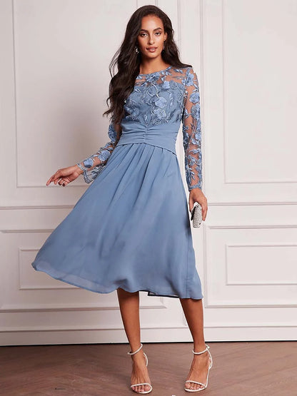 Blue Floral Lace Chiffon Dress