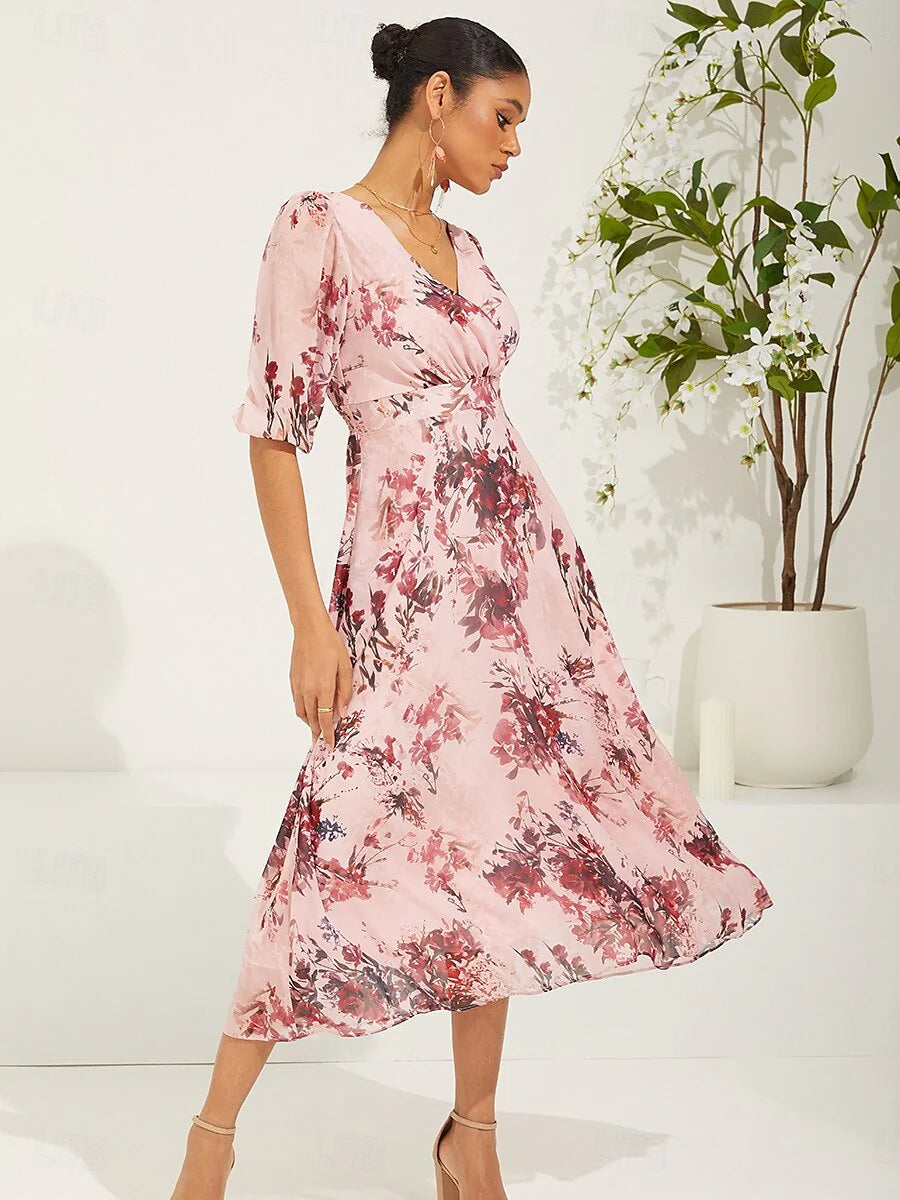 Puff Sleeve Floral Pink Chiffon Dress