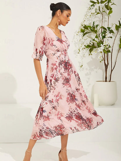 Puff Sleeve Floral Pink Chiffon Dress