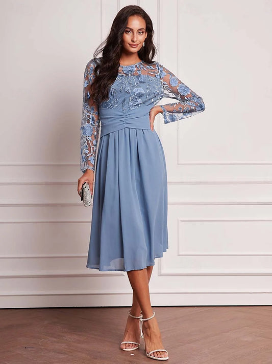 Blue Floral Lace Chiffon Dress