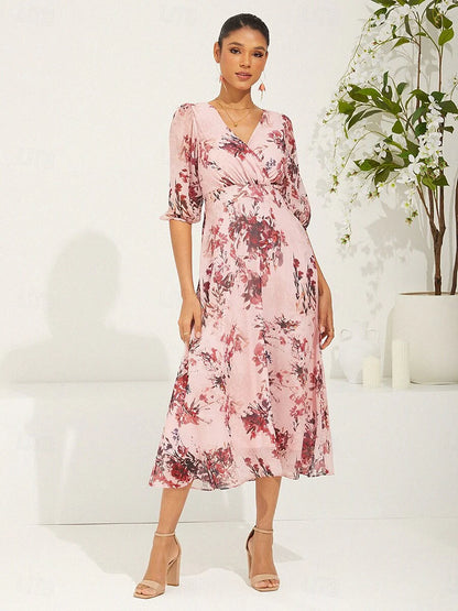Puff Sleeve Floral Pink Chiffon Dress