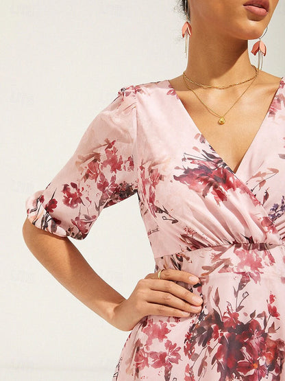 Puff Sleeve Floral Pink Chiffon Dress