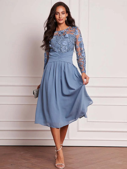 Blue Floral Lace Chiffon Dress