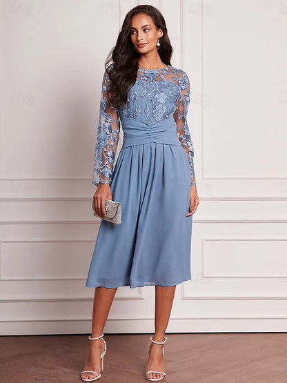 Blue Floral Lace Chiffon Dress