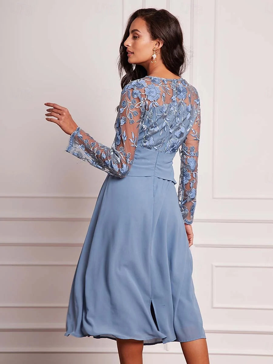Blue Floral Lace Chiffon Dress